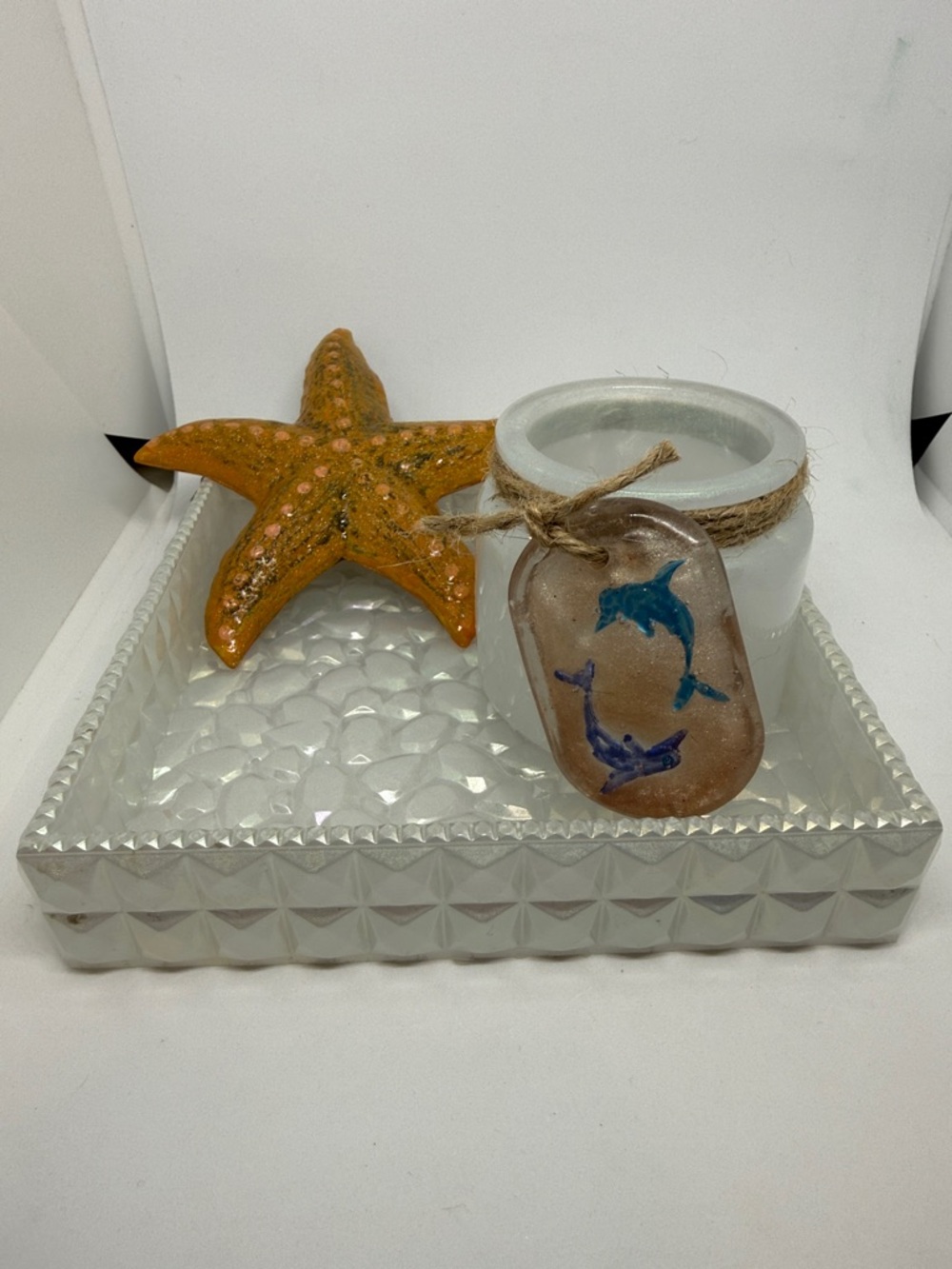 Unique Resin,Decorative Starfish Tray with Feather Pen Holder - White and Orange